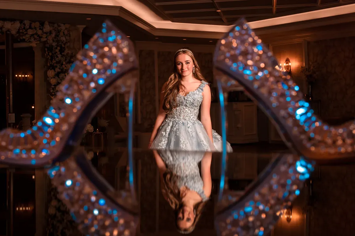 Sweet 16 portrait in lit archway, Staten Island