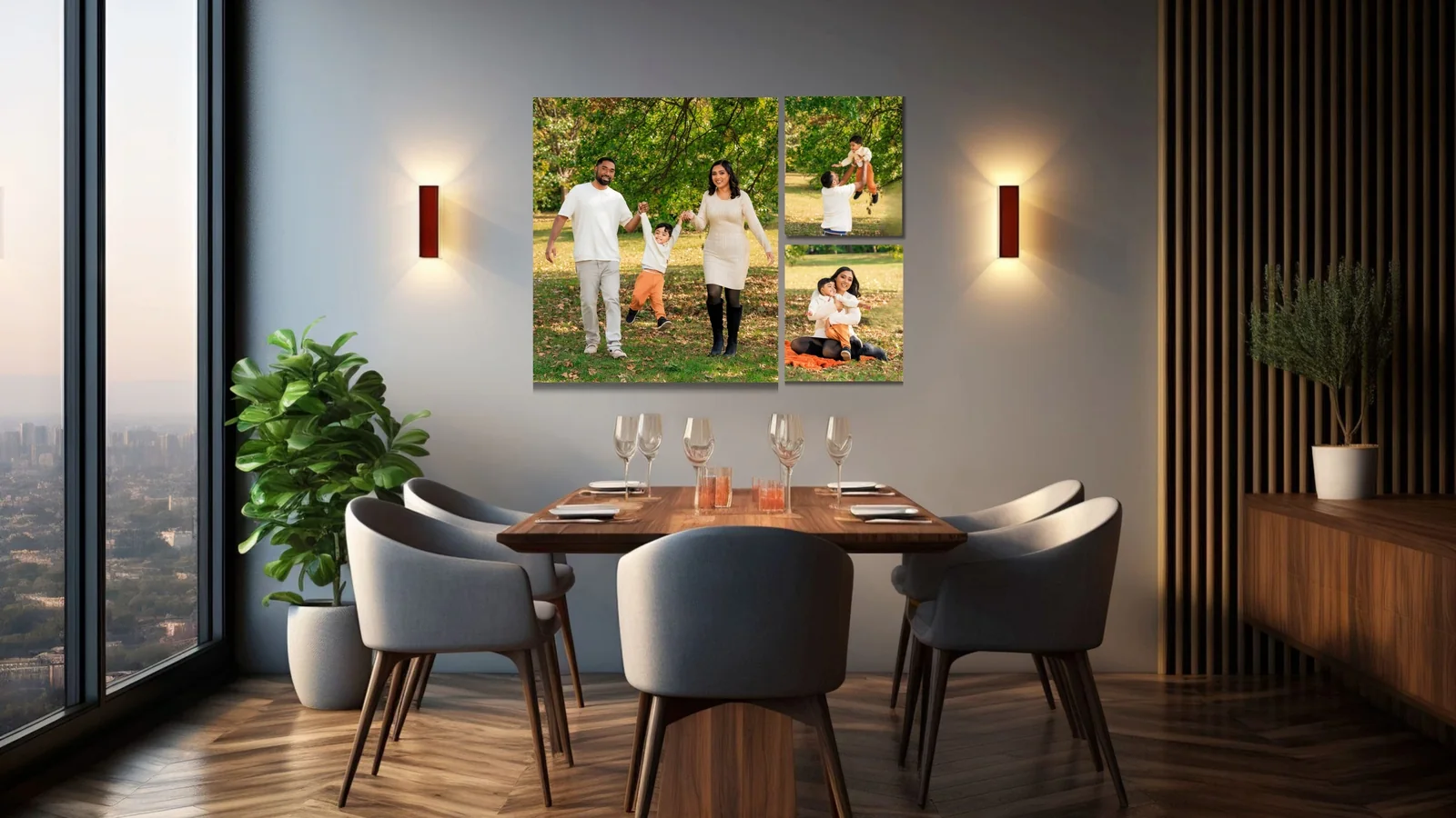 Family wall art cluster in a modern dining room, Xclusive Events