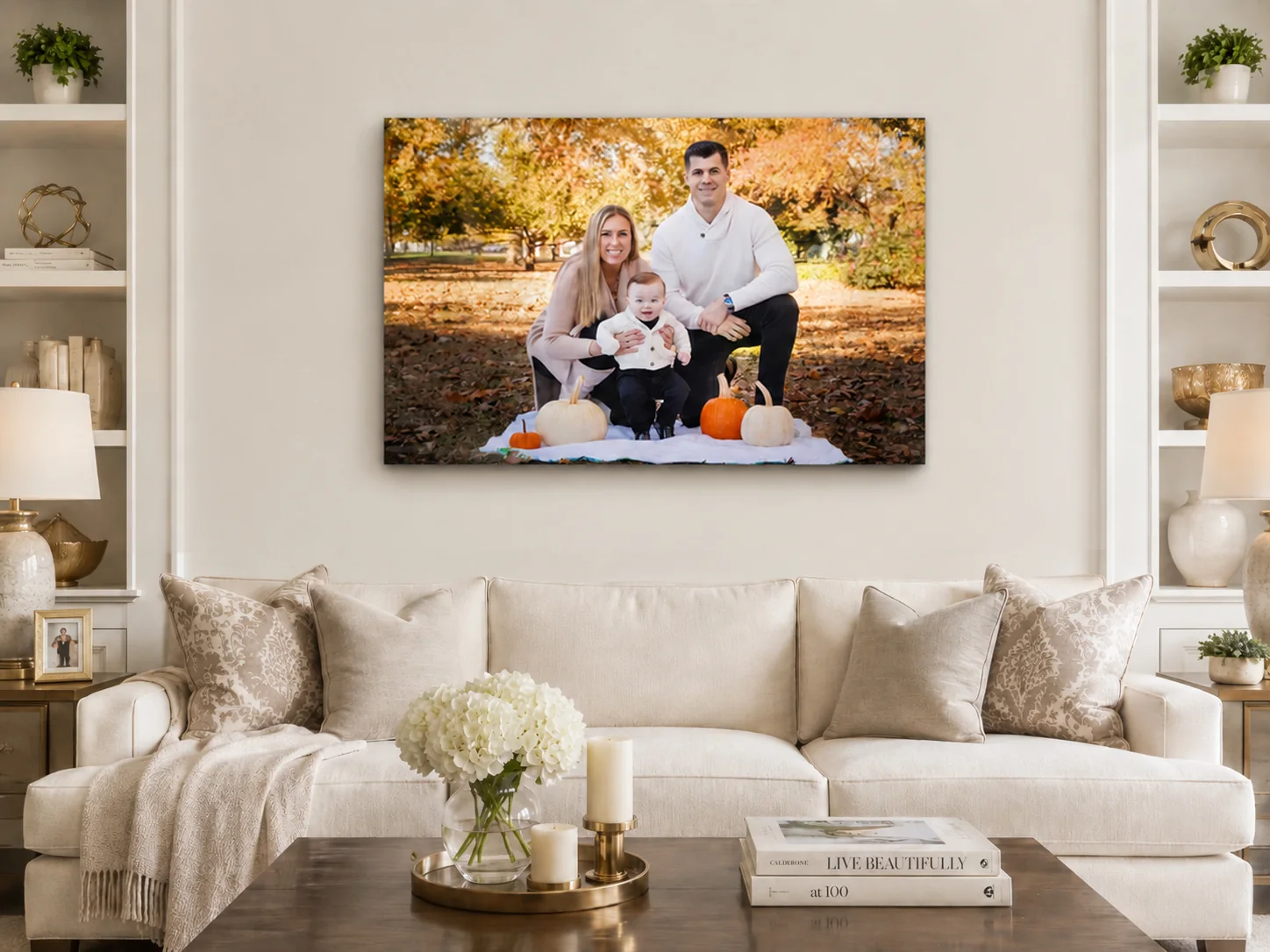 Three-piece family canvas arrangement in a living room, Xclusive Events
